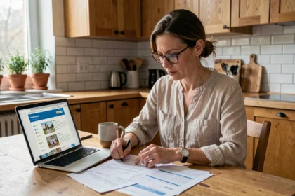 Femme comparant des offres d'assurance habitation sur ordinateur et documents papier dans une cuisine moderne