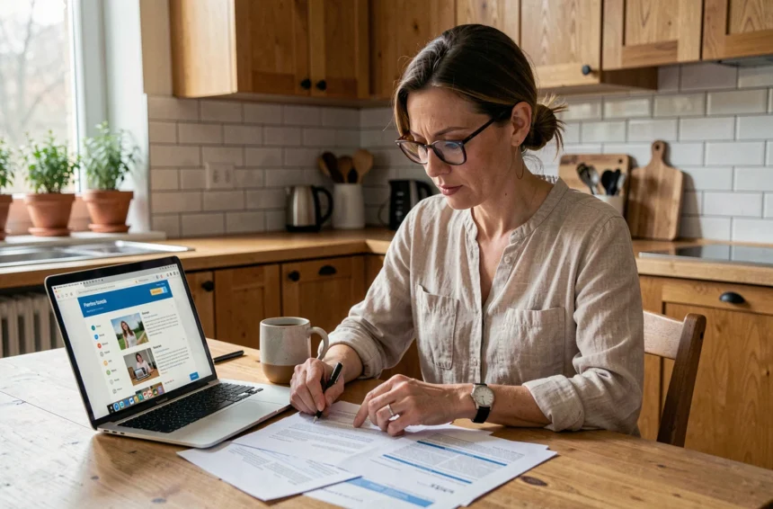 Femme comparant des offres d'assurance habitation sur ordinateur et documents papier dans une cuisine moderne