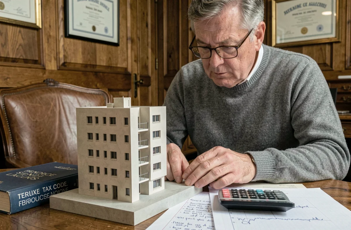 Conseiller financier étudiant un investissement locatif familial avec maquette immobilière et code des impôts