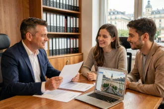 Conseiller immobilier présentant un projet d'investissement locatif à Lyon à un couple dans un bureau professionnel