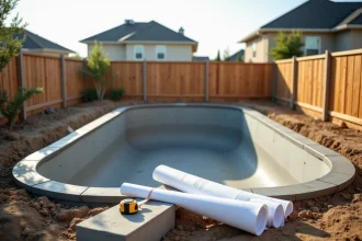 Chantier de construction d'une piscine en béton dans un jardin résidentiel avec clôture de propriété visible et plan d'architecte au premier plan