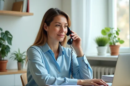Femme contactant le service client de Levallois Habitat par téléphone depuis son bureau à domicile