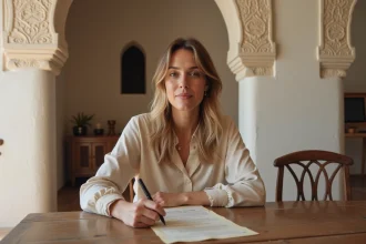 Femme consultant un contrat de location longue durée dans un riad traditionnel d'Essaouira