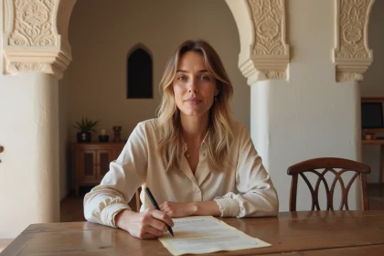 Femme consultant un contrat de location longue durée dans un riad traditionnel d'Essaouira