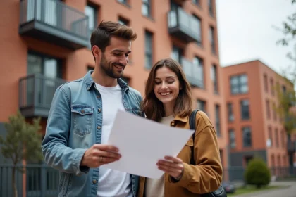 Jeune couple examinant les plans d'un appartement neuf en PSLA devant un immeuble en brique rose à Toulouse