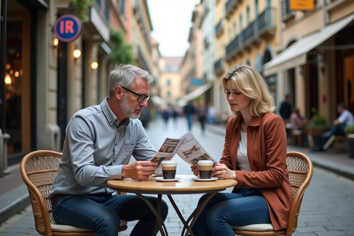 Couple au café étudiant des brochures immobilières