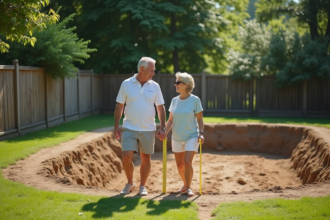 Couple en été mesurant l'emplacement de la piscine dans le jardin