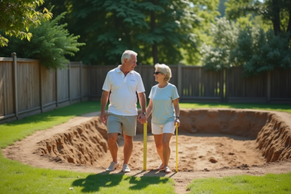 Couple en été mesurant l'emplacement de la piscine dans le jardin