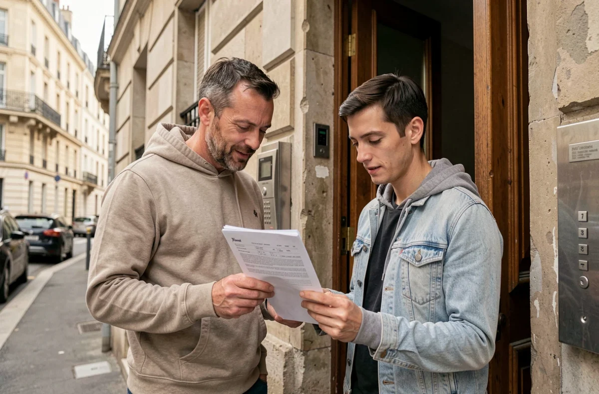 Couple examinant un contrat d'assurance habitation devant l'entrée d'un immeuble à Aubervilliers