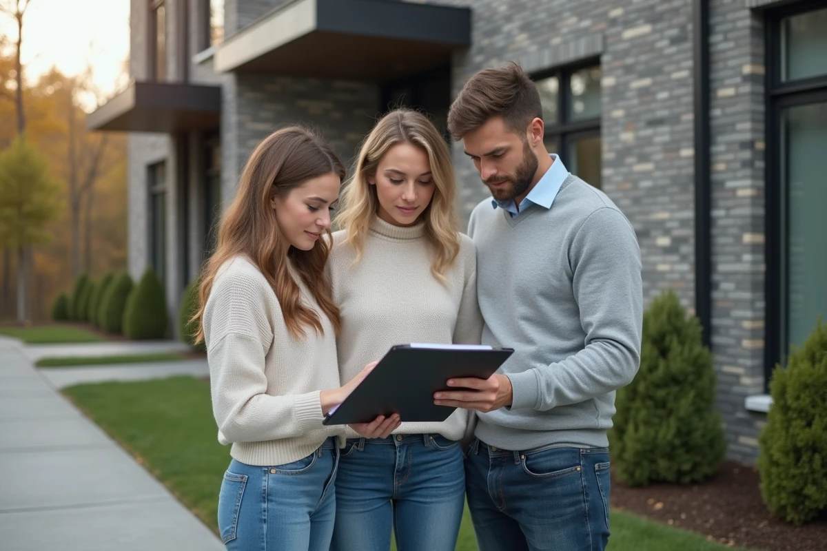 Jeune couple examinant un contrat immobilier dehors