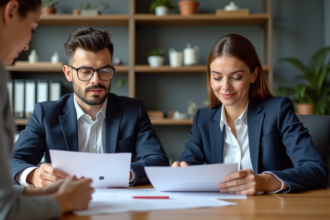 Jeune couple professionnel examine documents de mortgage