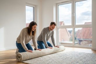 Jeune couple souriant dans un salon neuf en train de déployer un tapis