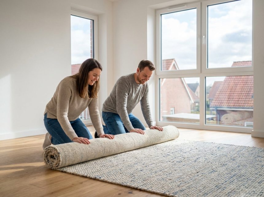 Jeune couple souriant dans un salon neuf en train de déployer un tapis