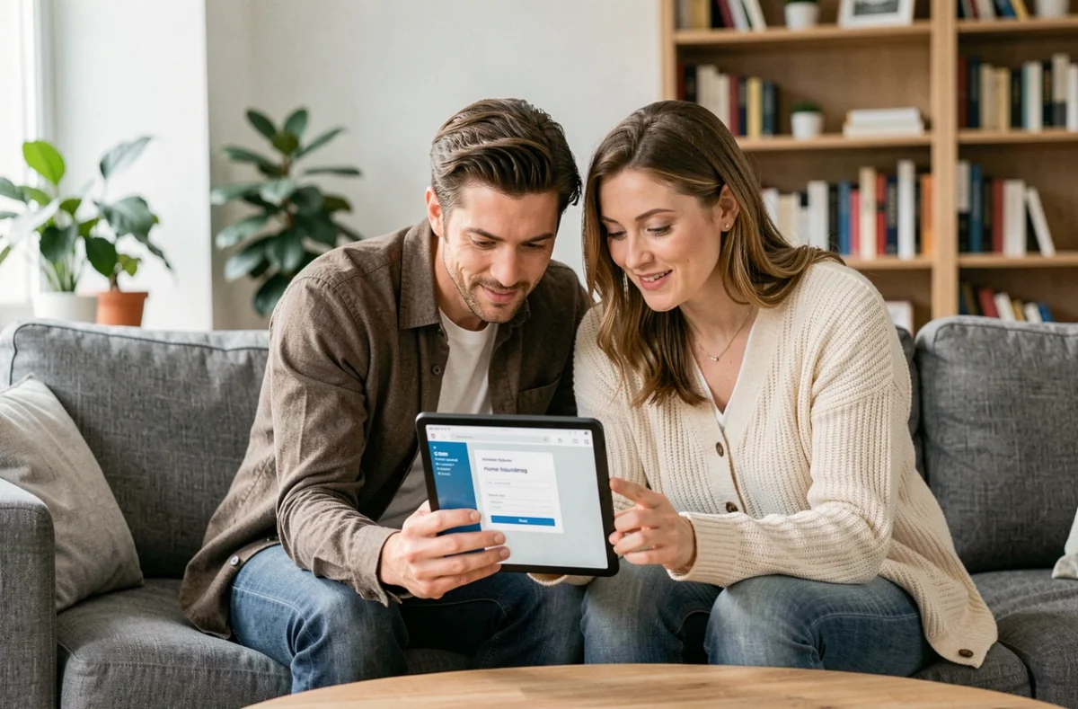 Couple comparant des devis d'assurance habitation sans franchise sur une tablette