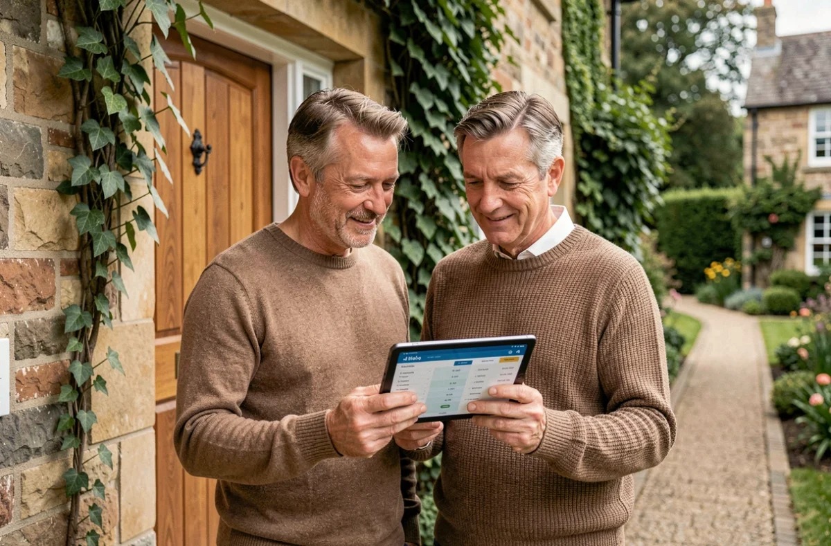Couple consultant une estimation immobilière en ligne sur tablette devant leur maison en pierre avant la visite d'un agent