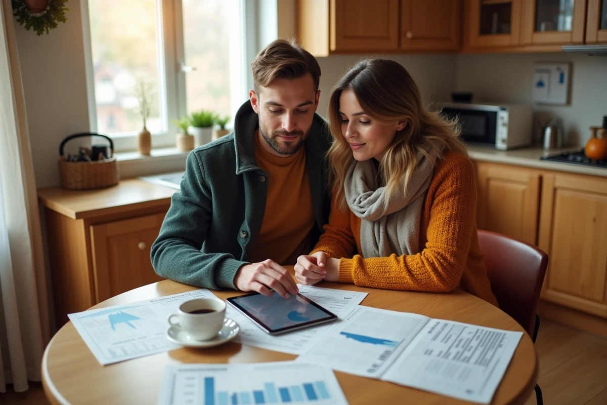 Couple étudiant des rapports de tendances de prix immobiliers par quartier autour d'une table de cuisine