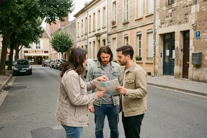 Couple étudiant un plan de quartier dans une rue résidentielle de Brive-la-Gaillarde avant un déménagement