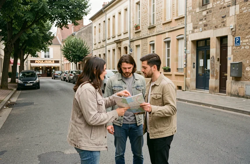 Couple étudiant un plan de quartier dans une rue résidentielle de Brive-la-Gaillarde avant un déménagement
