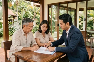 Couple français examinant des documents immobiliers avec un agent thaïlandais lors d'un achat de maison en Thaïlande