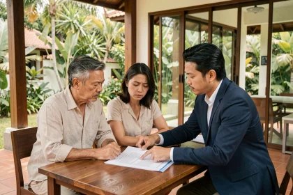 Couple français examinant des documents immobiliers avec un agent thaïlandais lors d'un achat de maison en Thaïlande