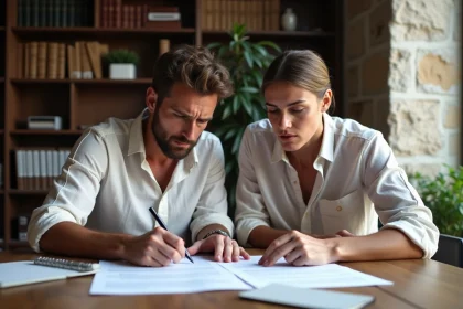Couple français examinant un contrat immobilier chez un notaire en Andorre avec expressions perplexes