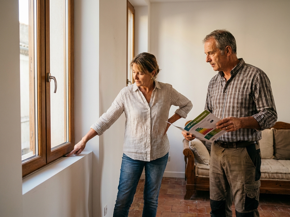 Couple inspectant une fenêtre en bois nouvellement installée dans une maison rénovée à Nîmes
