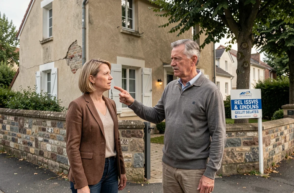Couple examinant la façade d'une maison à vendre en notant des défauts avant une évaluation immobilière