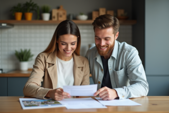Couple détendu examinant des documents immobiliers dans une cuisine