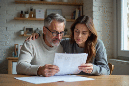 Couple d'adultes lisant des documents dans un appartement moderne