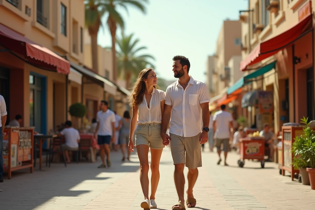 Couple explorant un marché de quartier animé à Dubaï lors de leur installation dans la ville