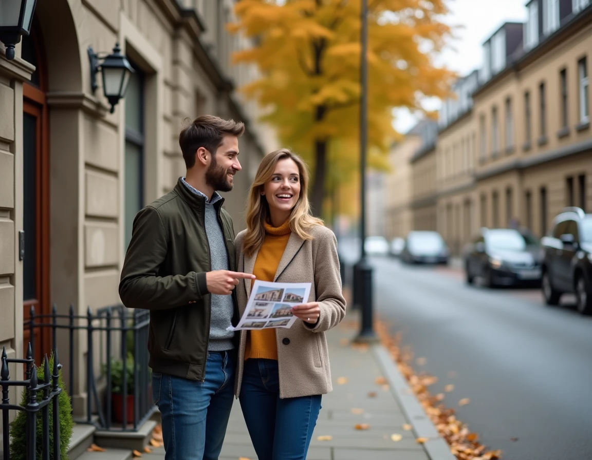 Jeune couple en train d'évaluer un immeuble d'appartements pour leur premier achat immobilier locatif dans un quartier résidentiel
