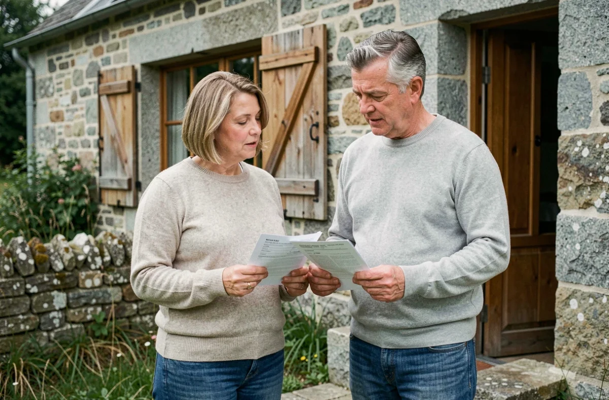 Couple discutant d'un projet de location meublée ou vide devant une maison en pierre typique de la Creuse