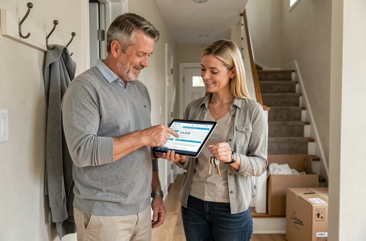 Couple propriétaire comparant des contrats d'assurance habitation sur tablette dans le couloir de leur maison