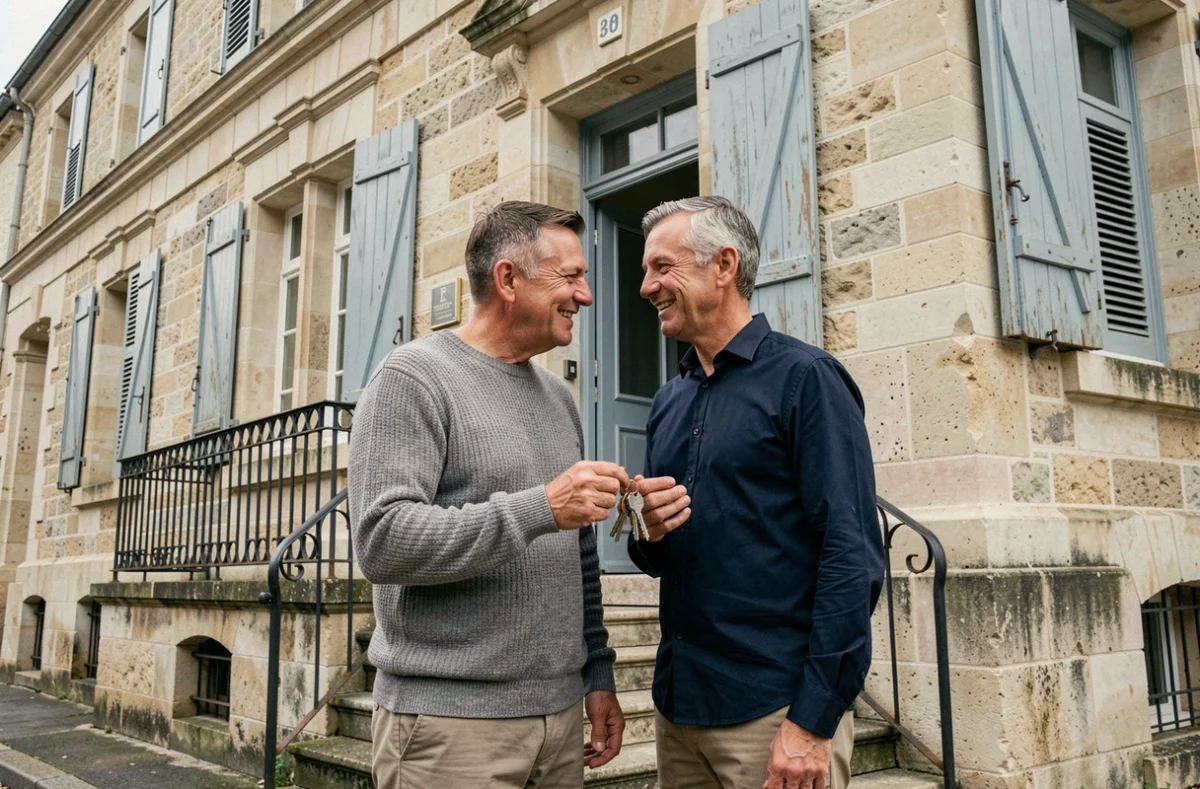 Couple de propriétaires devant une maison en pierre calcaire typique de Poitiers tenant des clés de maison