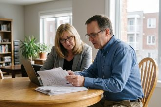 Couple d'adultes en intérieur examinant des documents immobiliers