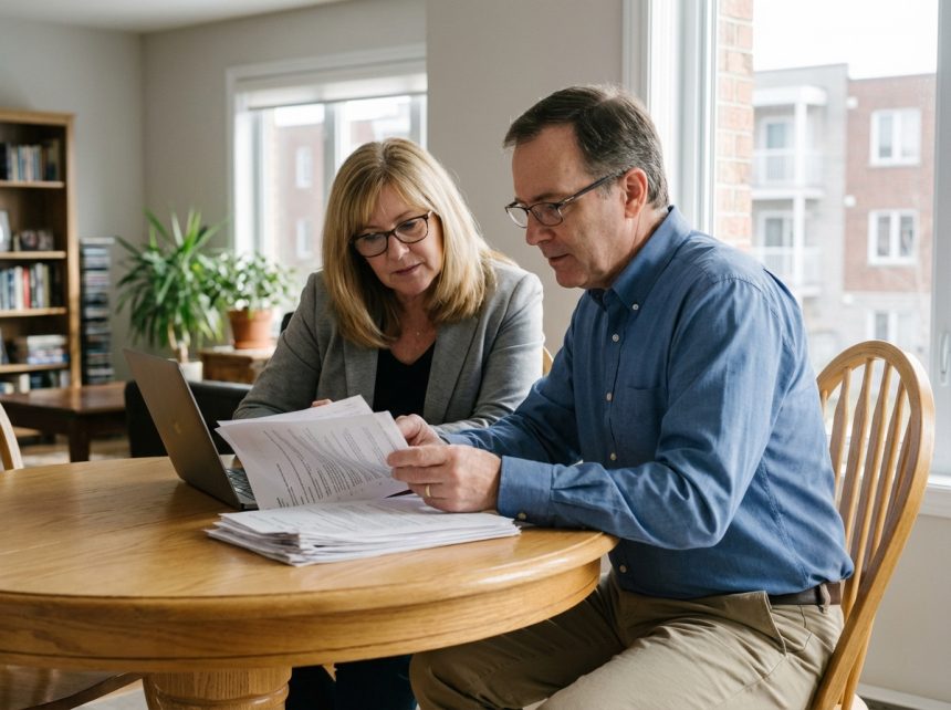 Couple d'adultes en intérieur examinant des documents immobiliers