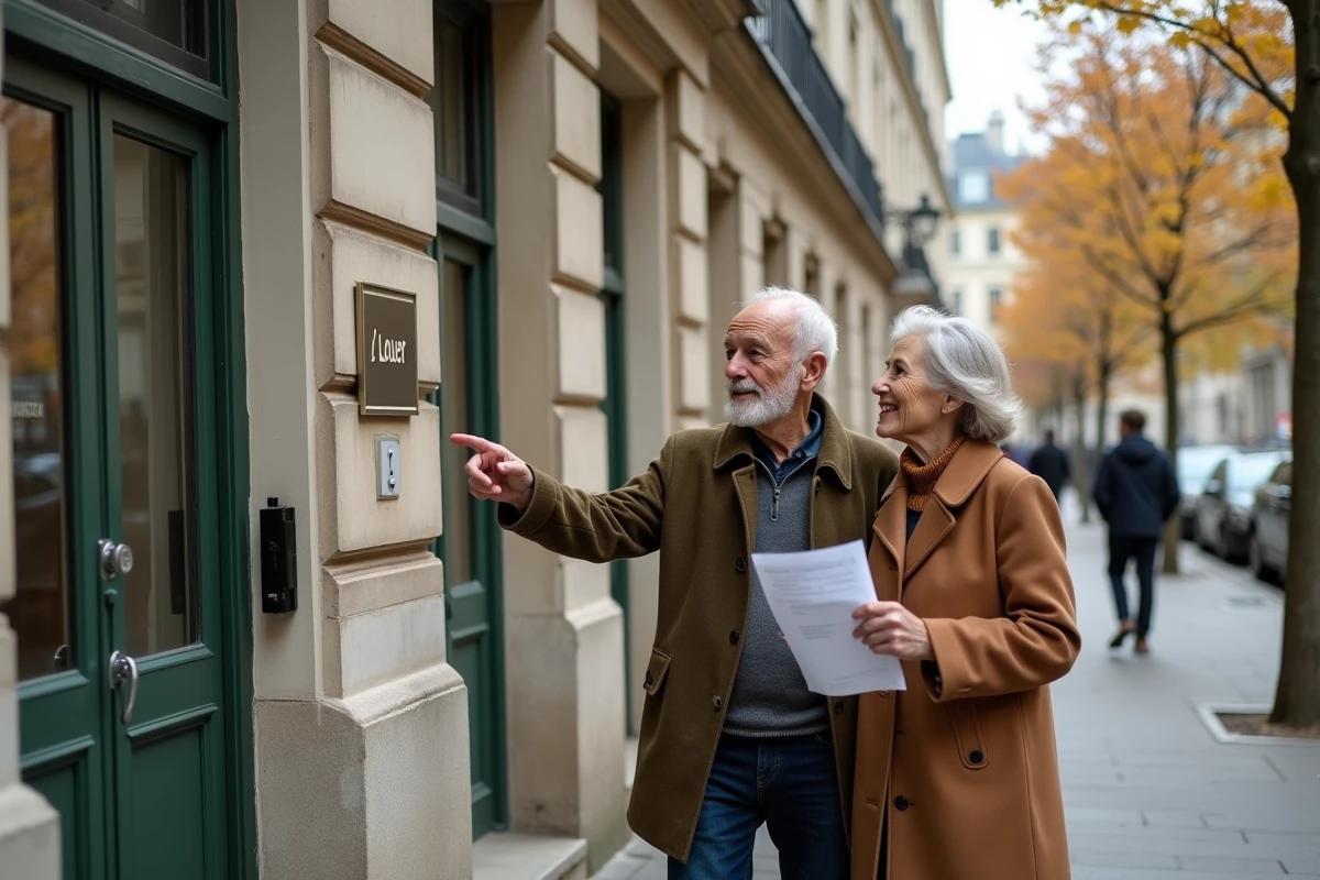 Couple de seniors devant un immeuble haussmannien parisien regardant une annonce de location adaptée aux retraités