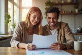 Jeune couple souriant discutant assurance habitation