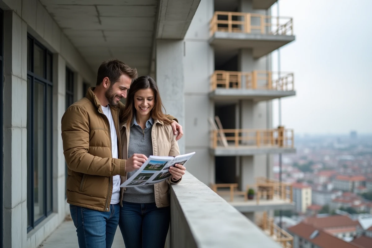 Couple visitant un appartement neuf en construction tenant une brochure immobilière pour un retour de lot à prix réduit