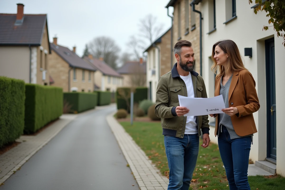 Couple visitant une maison à vendre en France avec panneau immobilier FNAIM dans un quartier résidentiel