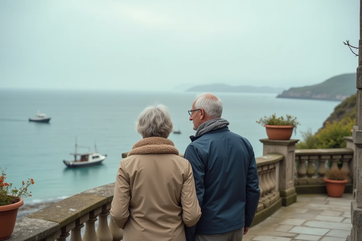 Couple visitant une propriété avec terrasse et vue sur la mer en Bretagne lors d'une visite immobilière