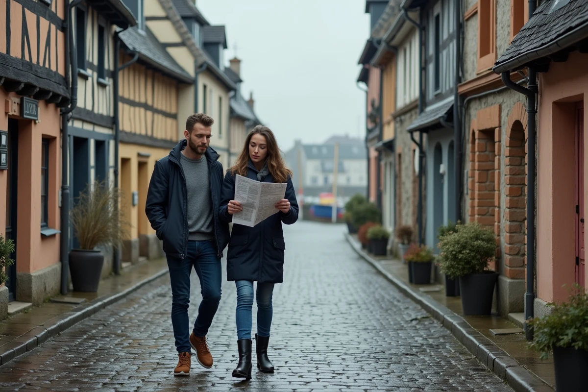 Couple visitant un village normand côtier avec panneaux à vendre sur des maisons à colombages