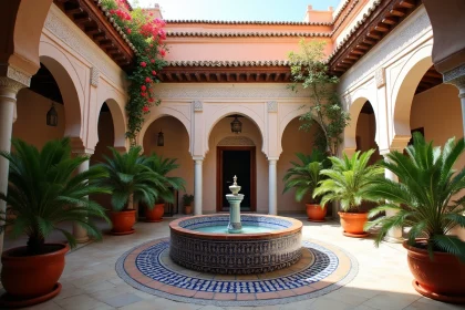 Cour intérieure d'un riad traditionnel à Marrakech avec fontaine en zellige et végétation luxuriante, idéal pour la location touristique