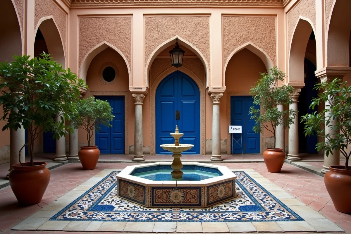 Cour intérieure d'un riad à vendre à Marrakech avec fontaine en zellige et panneau immobilier