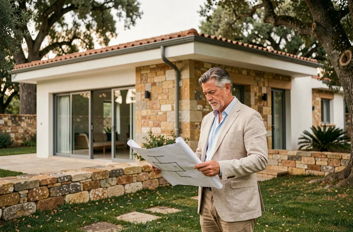 Homme devant une maison élégante construite par Demeures d'Occitanie dans le Tarn