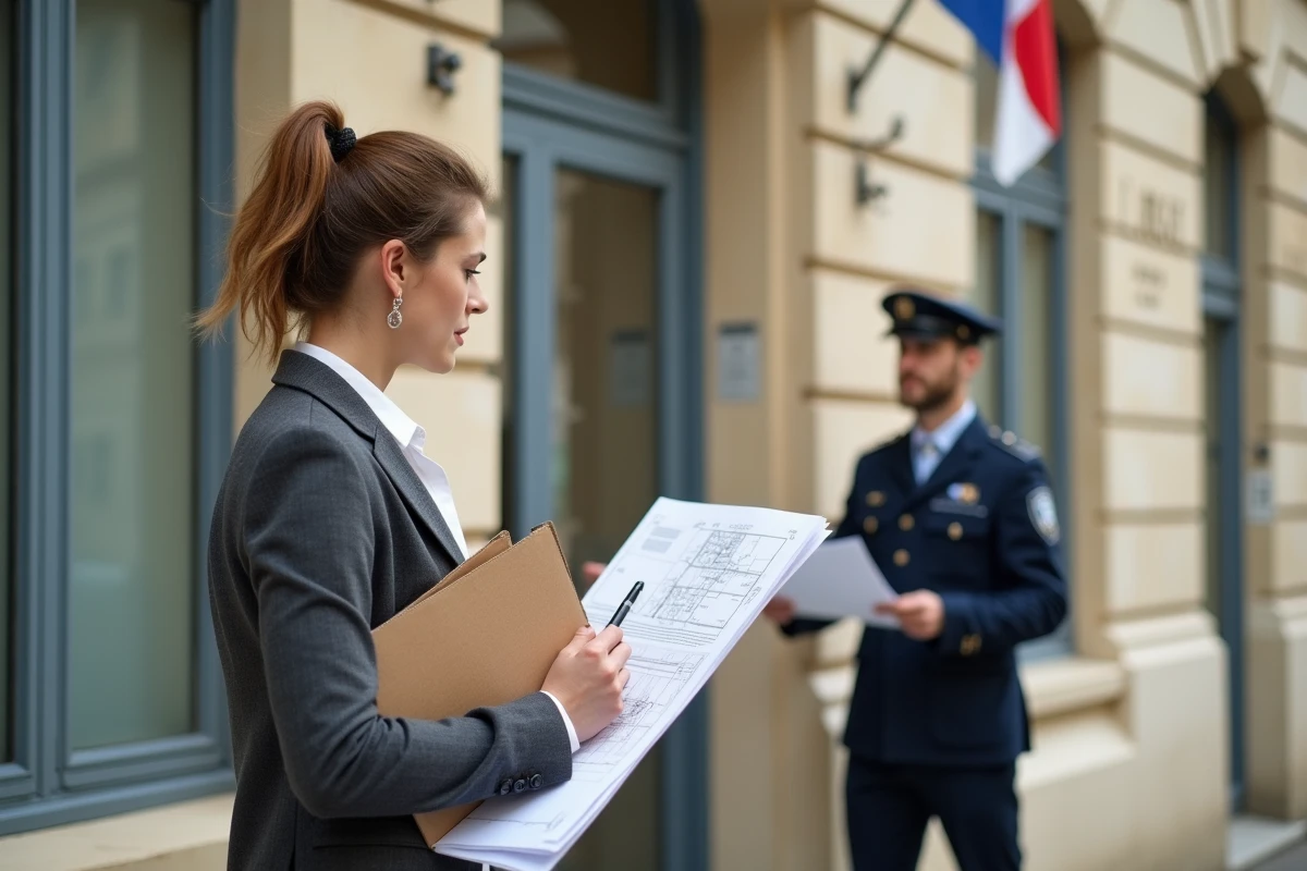 Une femme déposant et vérifiant un dossier de déclaration préalable de travaux auprès du service urbanisme d'une mairie française