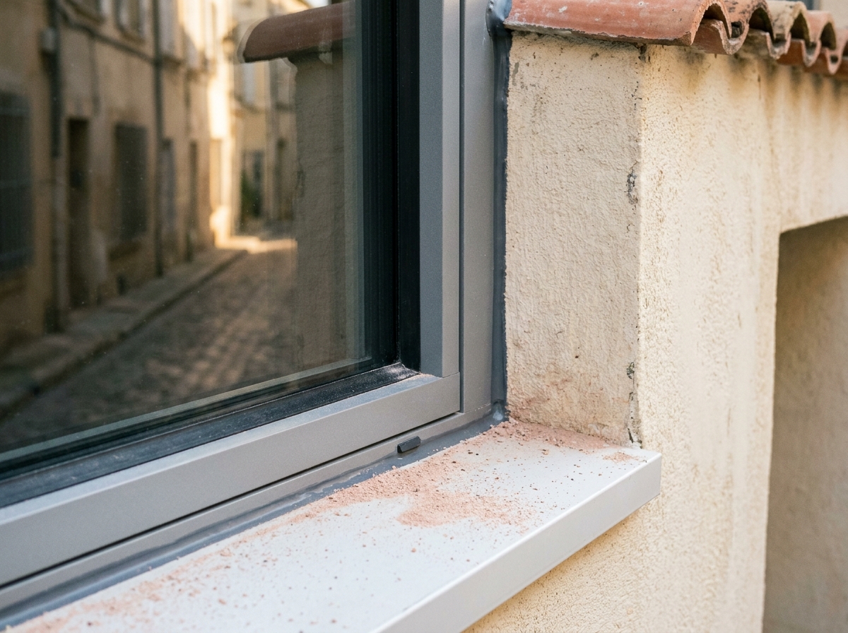 Détail du joint d'étanchéité d'une fenêtre aluminium posée sur façade de maison nîmoise