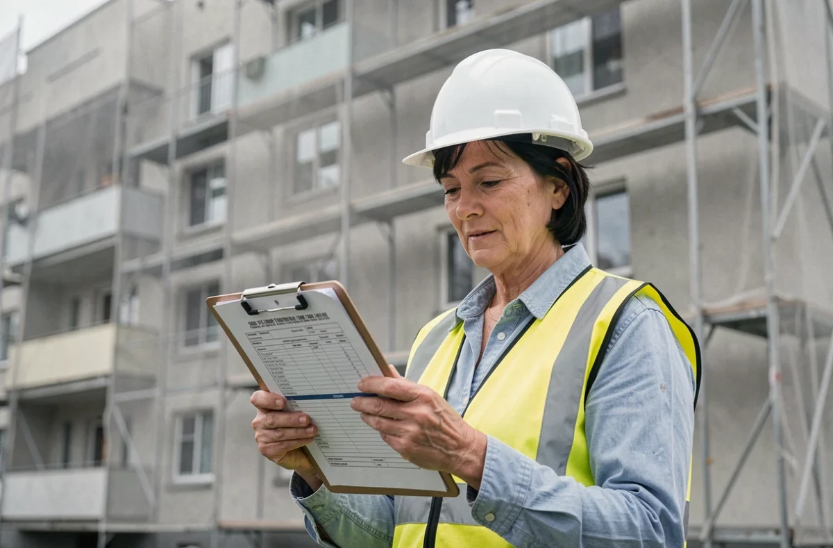Professionnelle du bâtiment consultant un devis de désamiantage devant un immeuble en rénovation