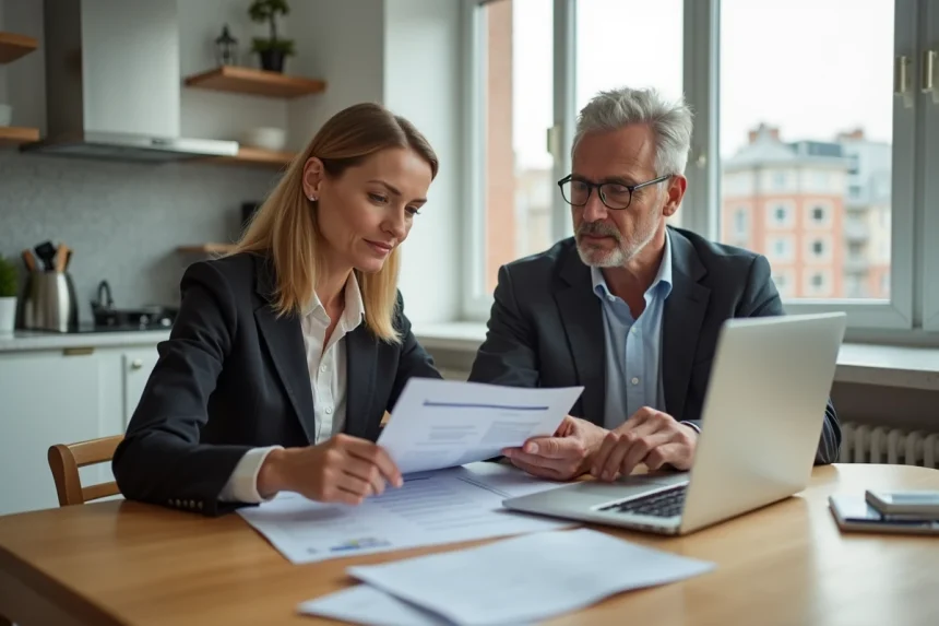 Couple discutant de location dans une cuisine lumineuse