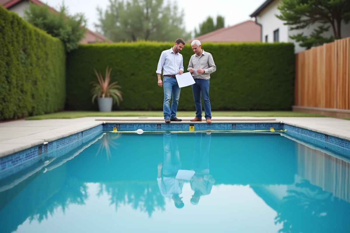 Inspecteur et propriétaire vérifiant les distances réglementaires entre une piscine neuve et la clôture de limite de propriété